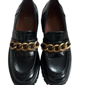 Zara Black Junky Heel Loafers with Gold Chain Detail Size 39